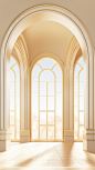art deco window frame with arched ceiling and window ledge, in the style of light beige and gold, unreal engine 5, roni horn, energy-filled illustrations, light yellow and light gold, 32k uhd, 500–1000 ce