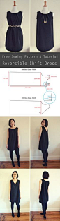 Free sewing pattern - reversible shift dress. The dress can be worn 2 ways: pleated crewneck or v-neck!