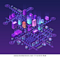 Isometric city set of violet colors 3d building modern town street, urban road architecture. Ultraviolet illustration map of isometry for the business design concept.