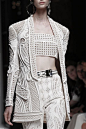 Longline jacket & trousers with woven panels, patterns & textures; white fashion details // Balmain