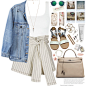 A fashion look from June 2017 featuring cropped tops, blue jean jacket and linen shorts. Browse and shop related looks.