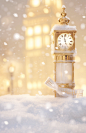 a mini clock tower in the snow with gold ribbons, in the style of bokeh panorama, minimalist still lifes, school of london, light yellow and light white, delicate gold detailing, organic material, commercial imagery