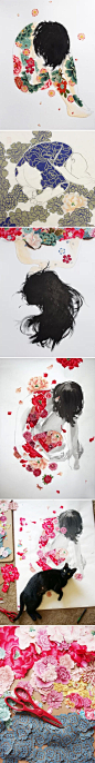 stasia burrington - washy drawings covered in cut fabric flowers