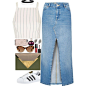 A fashion look from June 2016 featuring wet look top, long denim maxi skirt and sport sneakers. Browse and shop related looks.