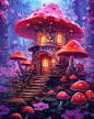 house of ice with butterflies and mushrooms, in the style of psychedelic overload, cute and dreamy, luminous sfumato, massurrealism, dark pink, nightcore, realistic color schemes