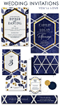 Royal blue, gold and white leaf-inspired wedding invitations are perfect for your autumn/fall wedding.