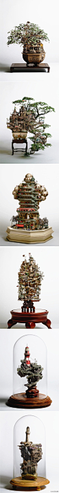 【#美物#】利用再生纸、塑料、钢丝、粘土等材料打造而出的盆景树屋。by 日本艺术家 Takanori Aiba. #采集大赛#