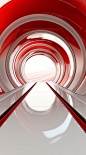 The red road on a large white tunnel is 3d rendered, in the style of light silver and bronze, bauhaus functional design, intel core, glazed surfaces, bold color blends, precisionist lines, bold and vibrant