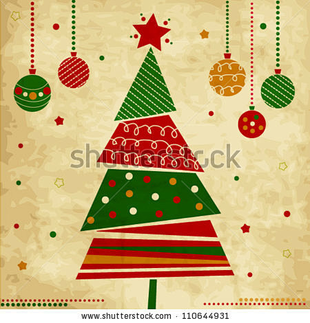 复古圣诞贺卡树和装饰品，圣诞卡片纸载体1...