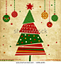 复古圣诞贺卡树和装饰品，圣诞卡片纸载体110644931：SHUTTERSTOCK