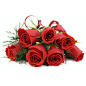 Large bouquet of red roses isolated on white, front view.