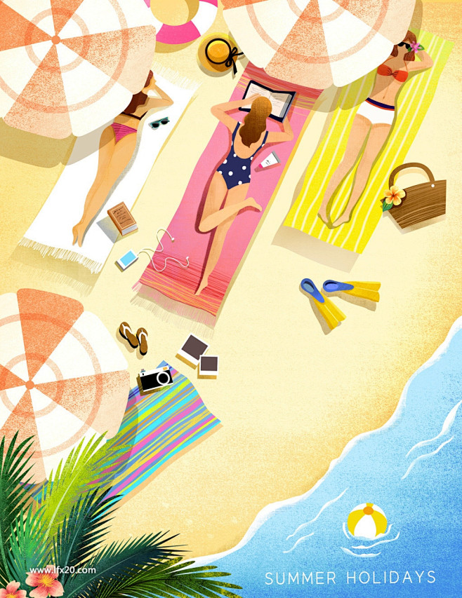 夏季沙滩海边旅行度假植物休闲插图插画