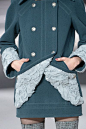 衣摆设计 下摆设计Chanel Fall 2013. Double-breasted style coat with stitch detailing and fold over ruffle detailing at the bottom front of the coat. Matching ruffles on the cuffs, and turn down collar with welt pockets.