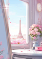 eiffel tower and roses embroidered in the ceiling of a bedroom, in the style of tilt-shift lenses, curved mirrors, pinkcore, charming character illustrations, mirror, aesthetic, porcelain