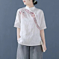 日本高端品牌外贸出口折扣剪标女中式盘扣刺绣上衣棉亚麻短袖衬衫-淘宝网