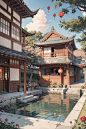 00857-2929828404-Architecture, summer _ eaves, _ blue sky, branches and during the day, the east Asian _ _ buildings, a summer pond, pond, (court