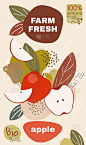 食品标签模板。有机苹果水果矢量插图。天然生物水果包装设计。成熟的苹果果实与抽象的孟菲斯风格背景。生态