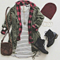Grunge outfit idea nº16: Red plaid shirt, striped dress T, green canvass jacket, red beanie, black laced boots, brown leather bag, and matching accessories - http://ninjacosmico.com/23-awesome-grunge-outfits/: 