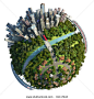 stock photo : Globe concept for city, suburbs, and commute to work with various transports isolated on white