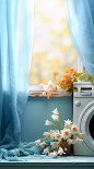 blue washing machine, in the style of romantic atmosphere, windows vista, delicate flowers, oku art, light cyan and amber