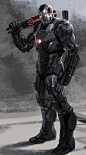 Avengers: Infinity War (2016) - War Machine Mk4 Alternate Design., Phil Saunders : This was an alternate take on the War Machine suit for Avengers: Infinity War. Originally the script had called for two different suits for Rhodey, as the first one would h