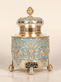 Faberge silver, parcel-gilt, and enamel tea caddy, Moscow, 1908-1917: 