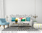 3d illustration. White interior of living room with colorful pillows