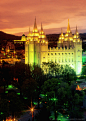 Night view of the Mormon Temple of the Church of Latter Day Saints in Salt Lake City, Utah
