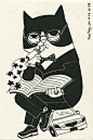 手绘卡通 海报 插画,肥猫,抽烟,手绘,黑白猫 