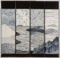 Hand dyed shibori cottons in indigo, pieced and quilted by hand and by machine.    This is quite Japanese in style. The four panels are reminiscent of noren, the fabric signs that hang outside shops in Japan. The continuous scene reminds me of landscape i