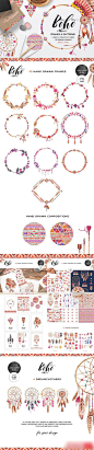水彩波西米亚印第安民族风花朵花环羽毛背景图案 PNG免抠设计素材-淘宝网