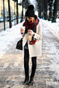 25 winter outfits to copy - white winter coat, classic red scarf, black pom pom beanie and black boots