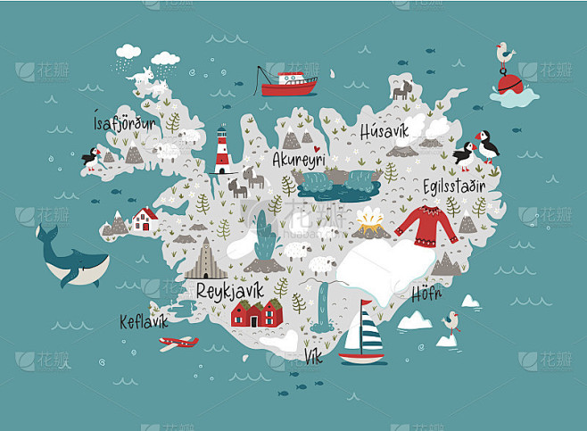 可爱的手绘冰岛设计，涂鸦动物，房子，山-...