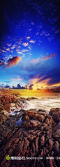 日出前的大海海岸边石头高清摄影背景图片素材