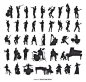 Set of 40 musician silhouettes playing different instruments, acoustic and electric from drummers, pianist, violinist, guitar players, brass section and: 