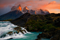 Sunrise light on the Horns of Torres del Paine National Park in Chile.