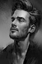 "Practice" - Ivan 小红花 {figurative art male head bearded man face portrait monochrome digital painting}: 