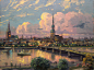 Sunset over riga,  latvia , thomas kinkade,  painting,  живопись #山水画# #油画#