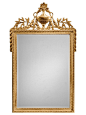 Inviting Home - Empire Wall Mirror - Empire style decorative wall mirror framed in gold leafed carved wood frame with urn and swags motif; 31"W x 3"D x 50"H; hand-crafted in Italy; Empire style carved wood decorative mirror with urn and lea