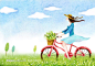 春天骑单车的美女插画PSD素材