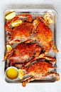Steamed blue crab served with melted butter.