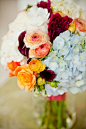 BEAUTIFUL! Wedding bouquet of pale blue hydrangea, burgundy dahlias, white hydrangea, milva roses and assorted ranunculus by Debra Bryfogle