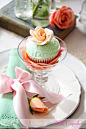 A simple pastel green lace fondant cupcake topped with a peach handmade rose#赏味期限#