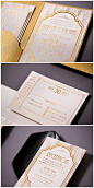 Art deco wedding invitations are a gorgeous addition to any art deco inspired event. Printed with gold foil, these gold wedding invitations have a die cut pocket to hold the ticket style response card. Click to see all of the details or PIN to save for la