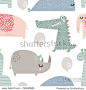 Seamless pattern with rhinoceros, elephant, crocodile, whale. Creative bay animals background. Perfect for kids apparel,fabric, textile, nursery decoration,wrapping paper.Vector Illustration