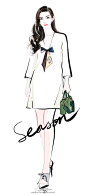 #jjseason插画# #时尚##插画# ----- @李冰冰 身着 @Dior迪奥 2017早春系列白色深V连衣裙，搭配绿色麂皮Runway Bag，利落性感亮相#巴黎高定周#Dior秀场。