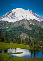 Tipso Moonset - East Face of Mount Rainier With Upper Tipso Lake In Foreground