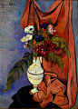 Painting of a white vase with gold embellishments holding a bouquet of eight flowers and a few leaves. The colorful flowers have long stems and are humble in size, and stand before a blue wall and red sheet in the background. The sheet hangs down, tumblin
