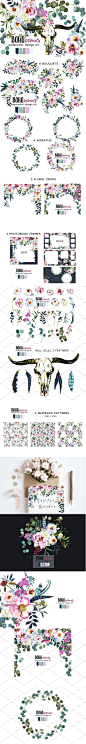 水彩效果的波希米亚的牡丹花系列元素[PNG高清图] | 云瑞设计