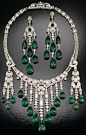 Emerald and diamond necklace - Designed by Ostertag; set with carved emeralds and diamonds in platinum; circa 1930. The longest dangle on the necklace and the earrings are each about 3 1/2 inches long.